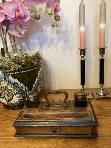 Antique wooden ink well desk - wooden,