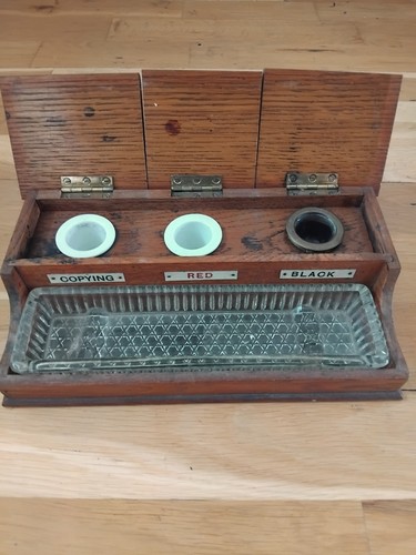Antique oak inkwell - desk, stand