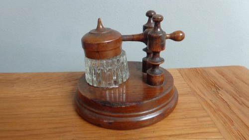 Antique glass wood inkwell - &,