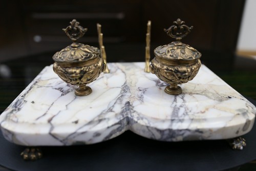 Antique carved marble inkwell - carved,