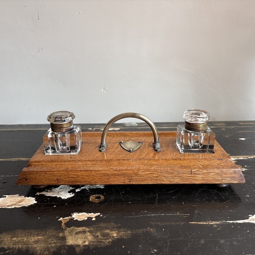 Antique oak double inkwell - double,